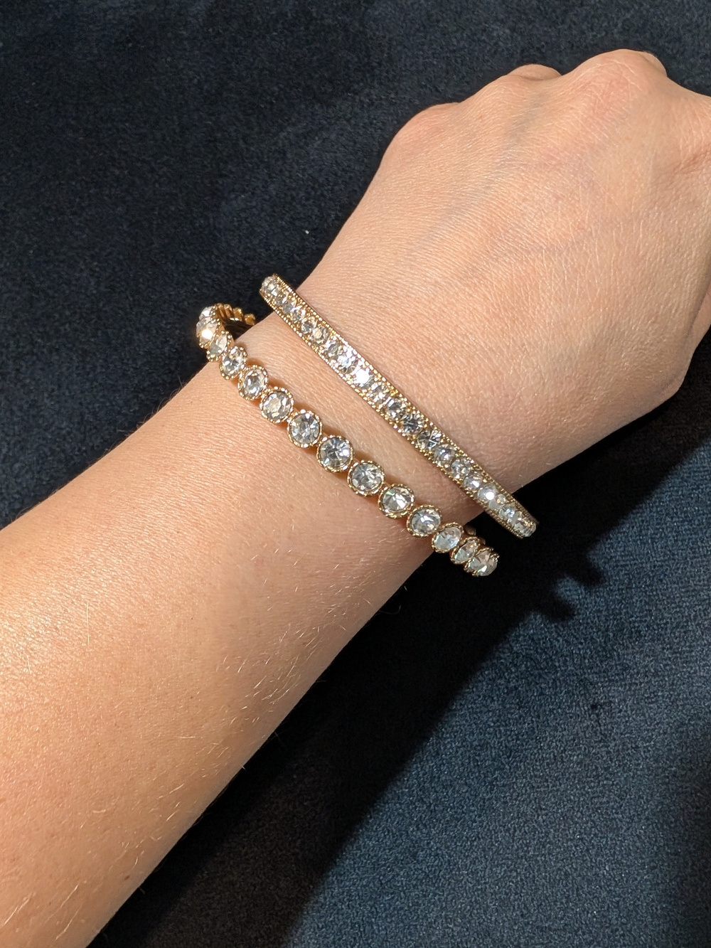 2 Gold Tone Stackable Rhinestone Bangle Bracelets Set Round White Stones